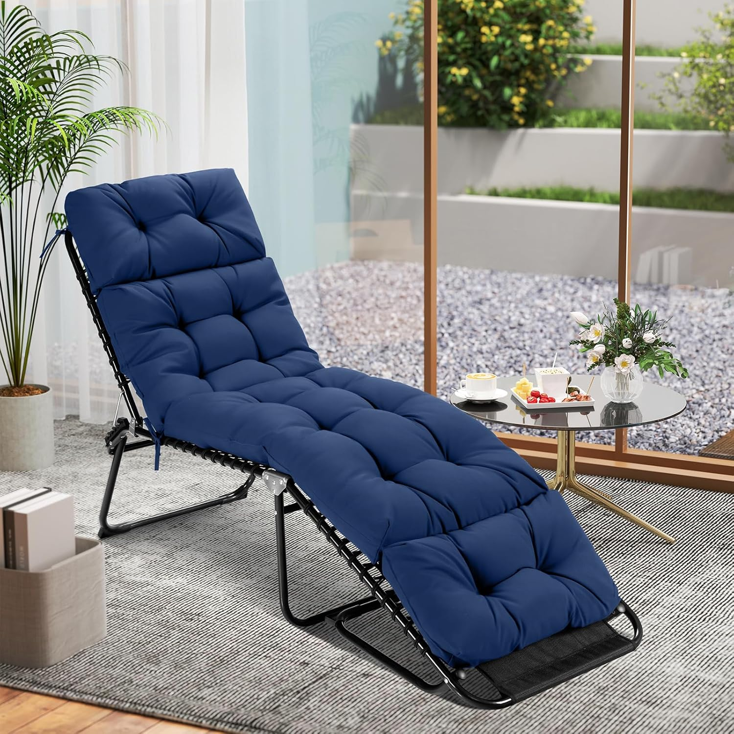 Costway Sunlounger Chair Cushion, High Back Recliner Cushion with 4 Fixing Ties, Thick Padded Reclining Chair Rocking Cushion for Outdoor Indoor (Only Cushion) (1, Navy, 186 X 56 X 11 Cm) image number 5