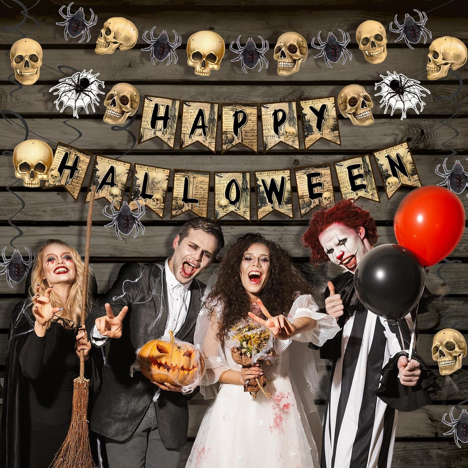 Happy Halloween Banners, Skeleton & Spider Party Supplies, 8Pcs Swirls Indoor Decor, Brown