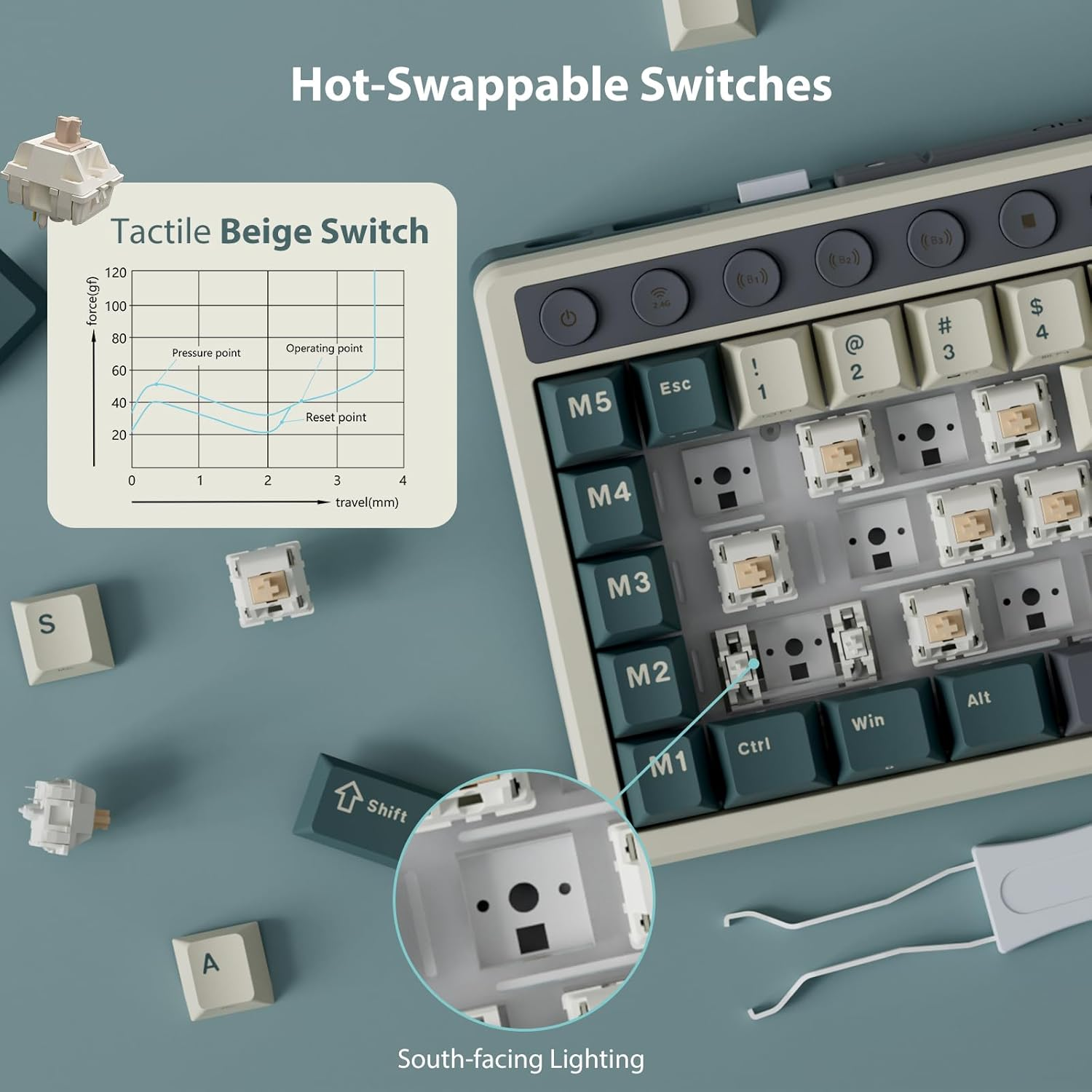 RK ROYAL KLUDGE M70 Mechanical Keyboard 2.4Ghz/Bt5.1/Wired 70 Keys Wireless Gaming Keyboard Gasket Mounted ABS Keycaps Beige Switch Blue image number 4