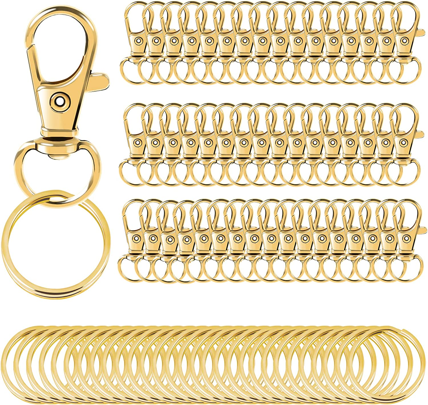 AUGSUN Swivel Clasps Lanyard Snap Hooks with Key Rings, Key Chain Clip Hooks Lobster Claw Clasps for Keychains Jewelry DIY Crafts (Gold)