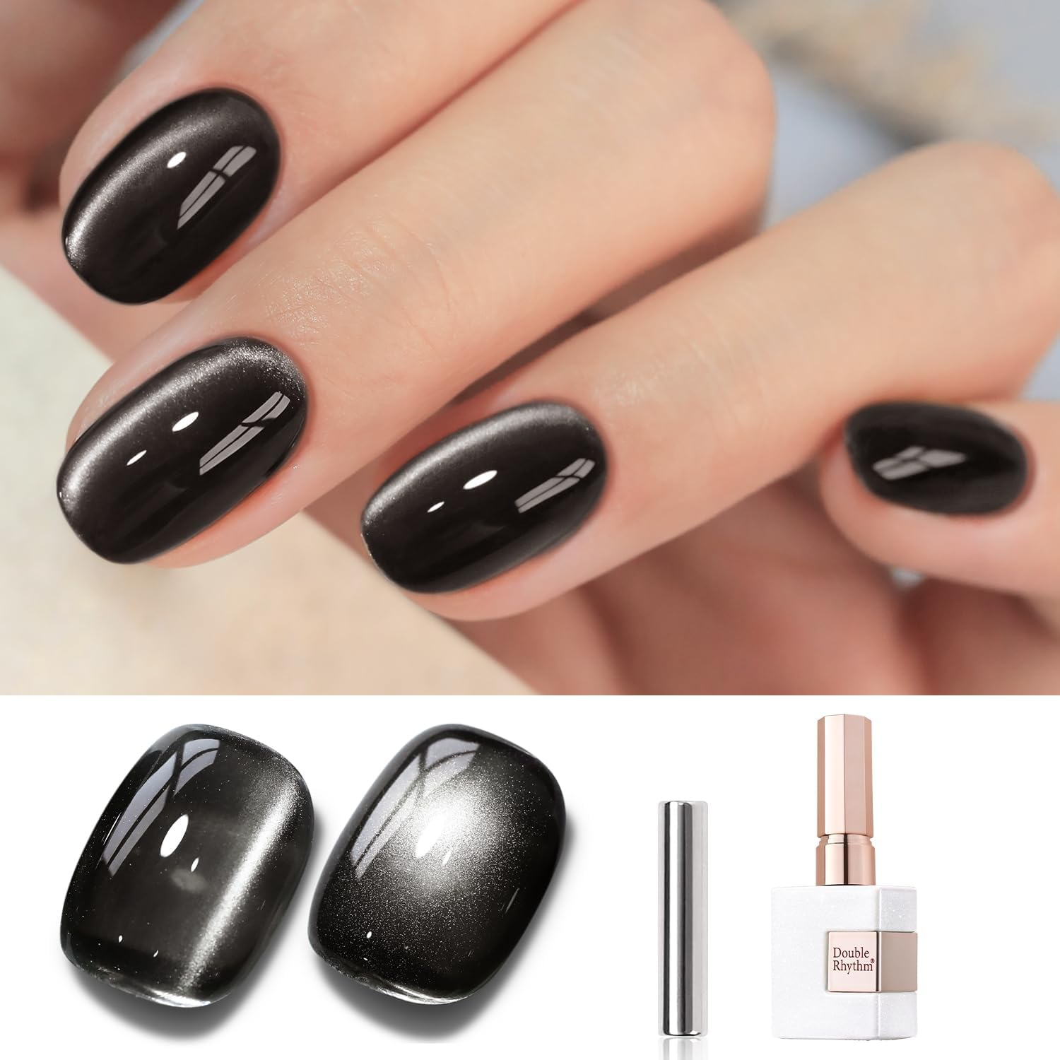 Double Rhythm Jelly Glass Cat Eye Gel Polish with Magnet 15ML Holographic Glitter Shimmer Translucent Sheer Color Magnetic Nail Polish Salon DIY at Home (Jelly Black-Mc1115) image number 3