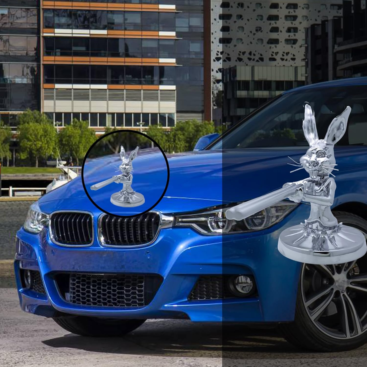 1PCS Rabbit Gunslinger Hood Ornament, Metal Car Truck Hood Ornament Sculpture Vintage 3D Rabbit Decorative Emblem for Cars Trucks Chrome Handmade Cast Statue Decor with Mounting Screw Set image number 5