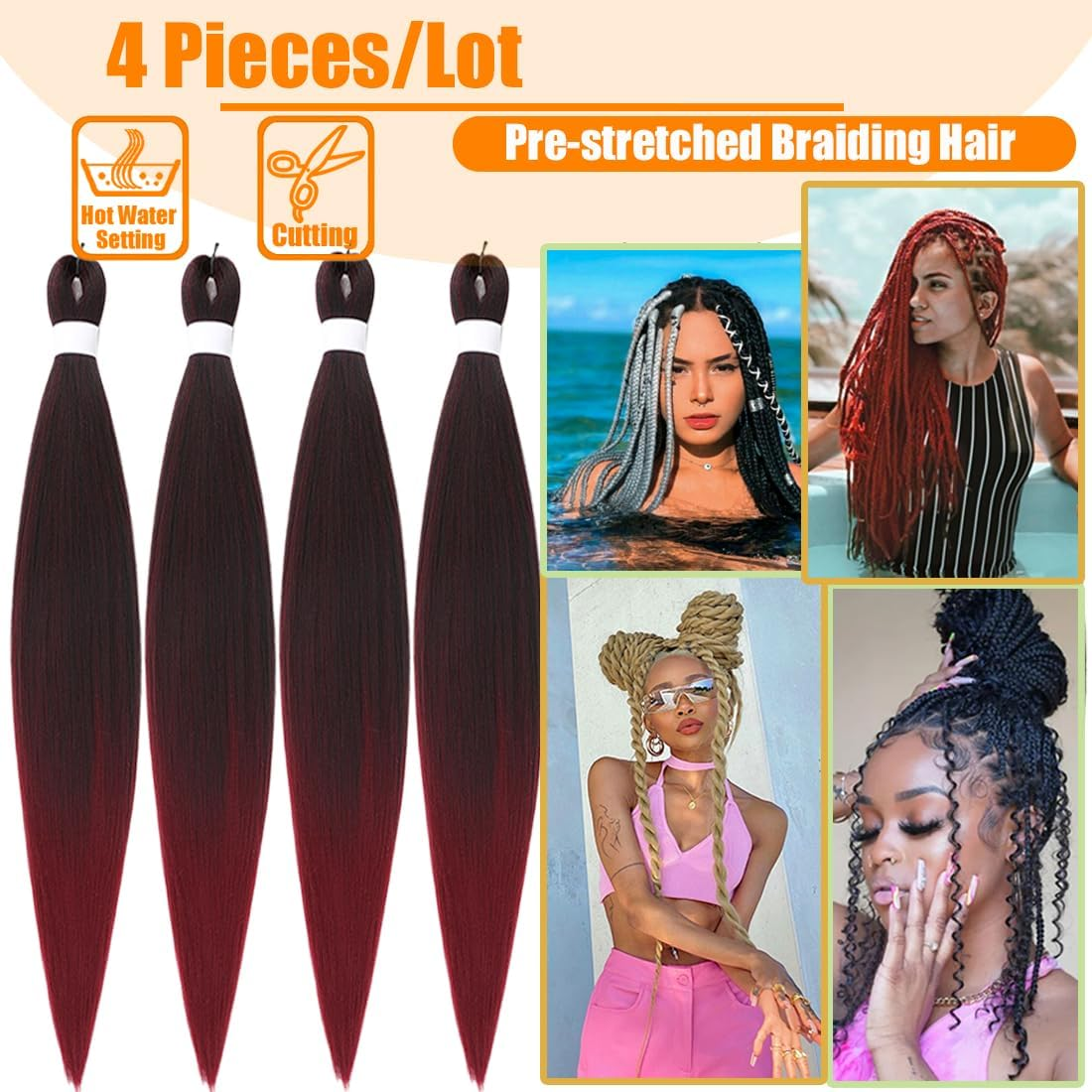 SAISIFEN Braiding Hair Pre-Stretched Yaik Straight 4 Pieces/Lot Ombre Colored Synthetic Long Hair Extensions Crochet Braids Hair Hot Water Setting 90G/Piece 66 CM/26 Inch #T1B/Burgundy Color image number 2