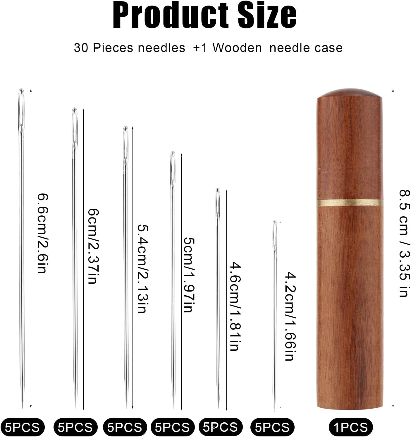 ZANZER 30Pcs Large Eye Stainless Steel Sewing Needles Kit with Wooden Needle Box - Includes 6 Sizes：Tapestry, Embroidery, Knitting, Yarn Needles for DIY Sewing Projects image number 3