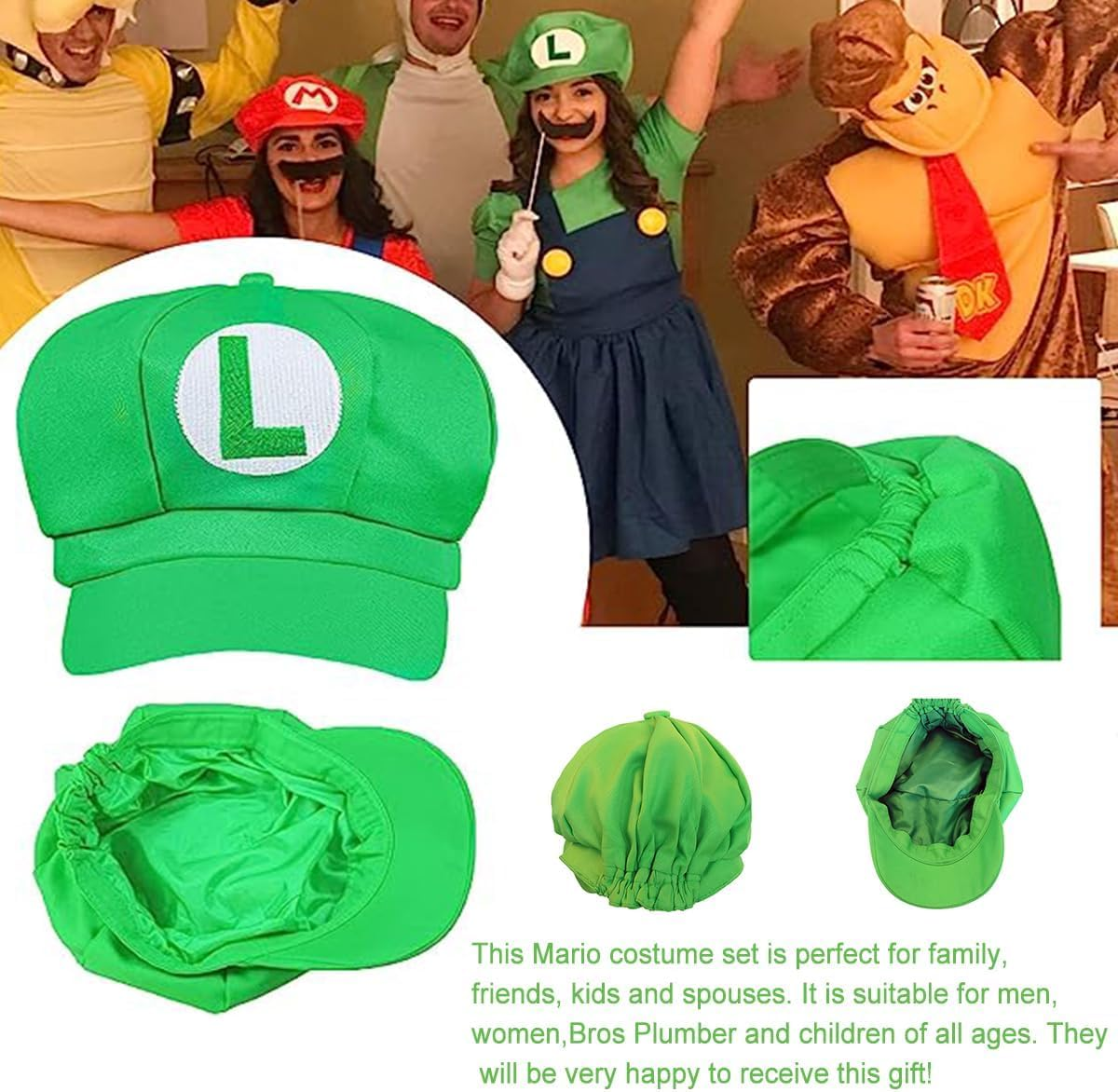 Super Brothers Costume Adult Accessories Set with Cosplay Hat,Gloves,Buttons,Strap,Beard,For Halloween Cosplay - Green image number 4