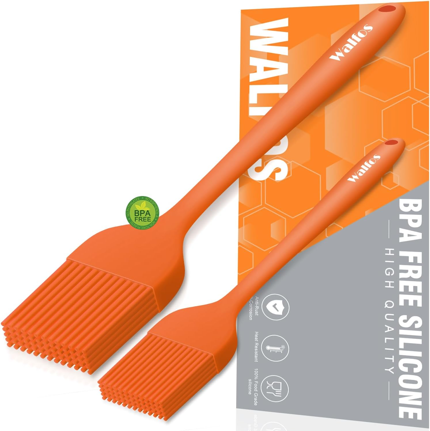 Walfos Silicone Basting Pastry Brush, Heat Resistant Pastry Brush Set, Strong Steel Core and One-Pieces Design, Perfect for BBQ Grill Kitchen Cooking, BPA Free and Dishwasher Safe, 2 Pcs (Orange) image number 1
