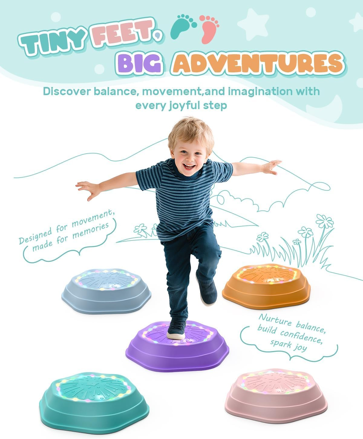 Holyton Light-Up Musical Stepping Stones for Kids, 5-Piece Set, Non-Slip Sensory Balance Stones for Toddlers, Indoor & Outdoor Play, Perfect for Ages 3+ image number 6