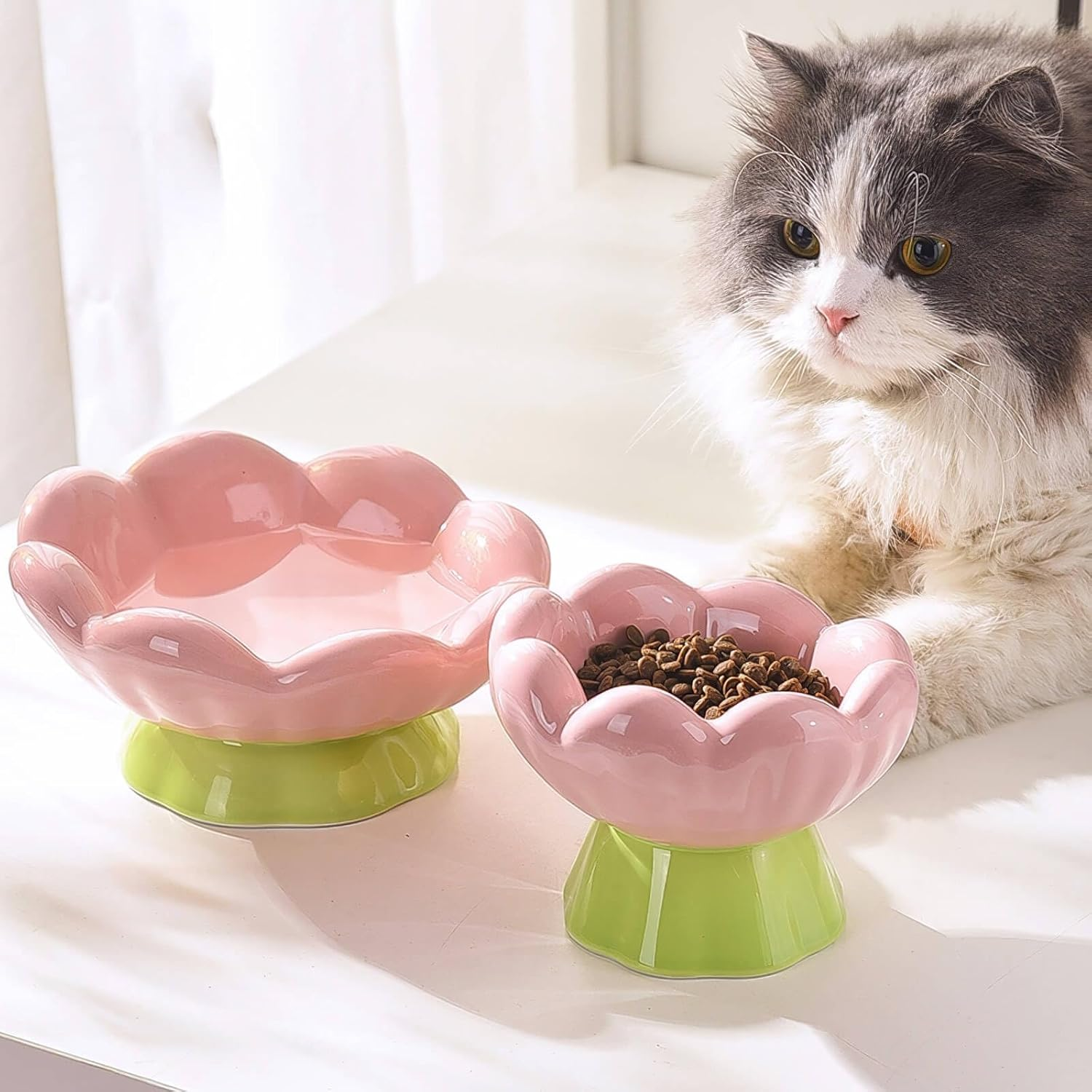 Eubootree Ceramic Raised Cat Bowl, Shallow Wide, Anti-Vomiting and Whisker Fatigue, Non-Slip, Tilted Cute Flower Cat Food and Water Bowls for Indoor Cats, Pink image number 1