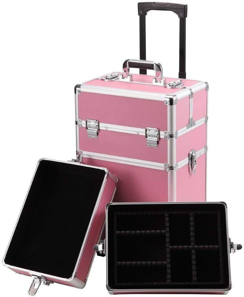 LEDON 7-In-1 Portable Makeup Trolley Case &ndash; Professional Beauty Hairdressing & Cosmetic Organizer with Wheels, Adjustable Dividers, Sliding Trays & Lockable Storage (Pink) image number 4