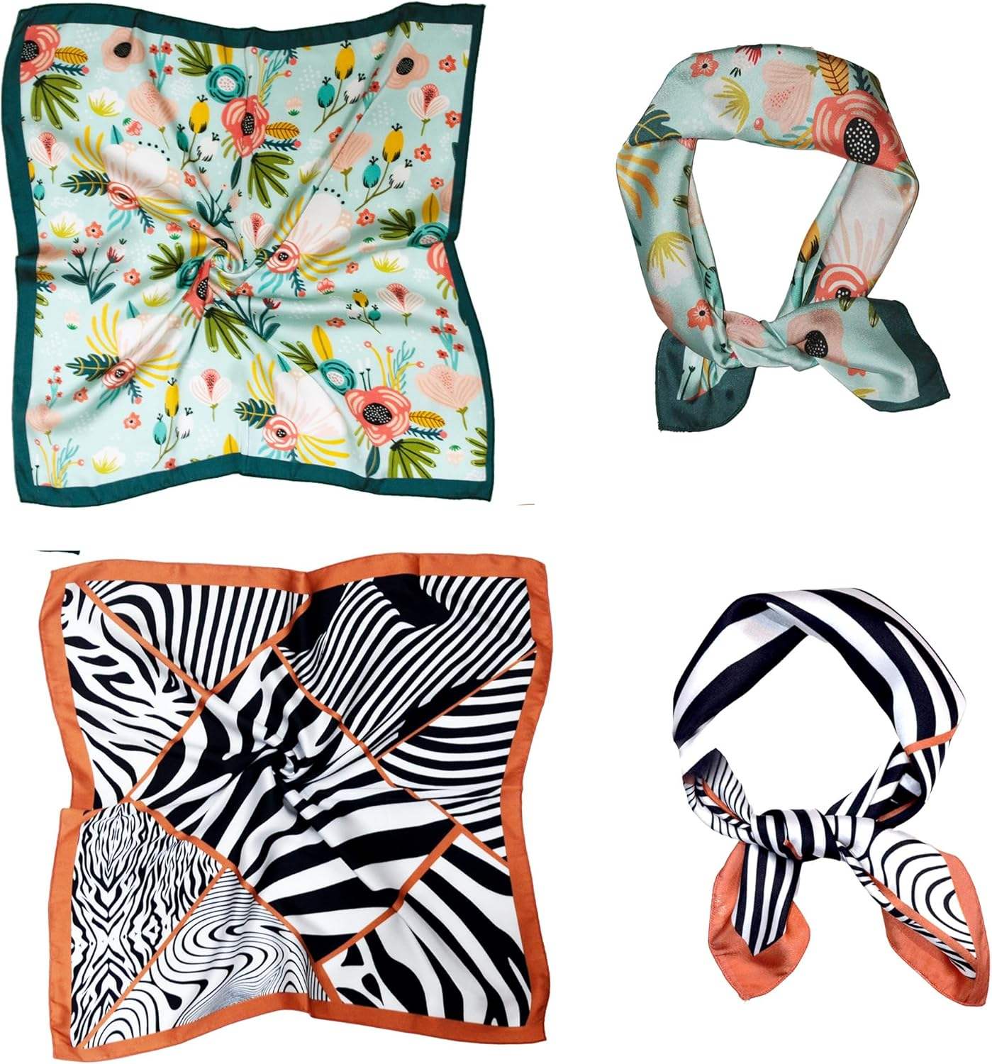 Stylfrsh Satin Silk Multi Printed 21 Inch Square Scarf Fashion Scarves Tie Neck Scarf for Mens Pack of 2