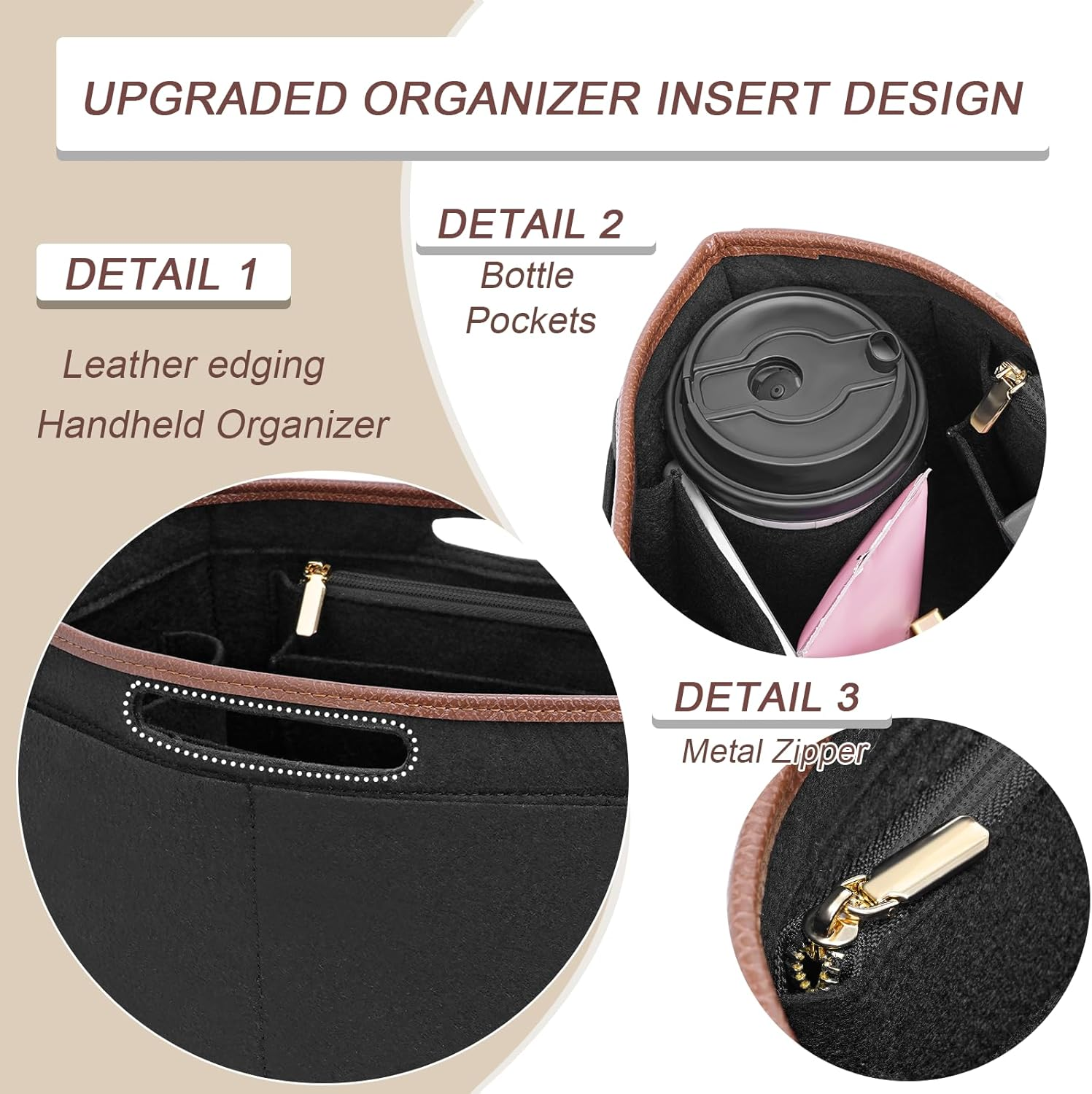DOIAPUOS Felt Purse Organizer Insert for Longchamp Le Pliage M Bag Handbag Leather Edge Longchamp Organizer Insert (Black, Medium) image number 6