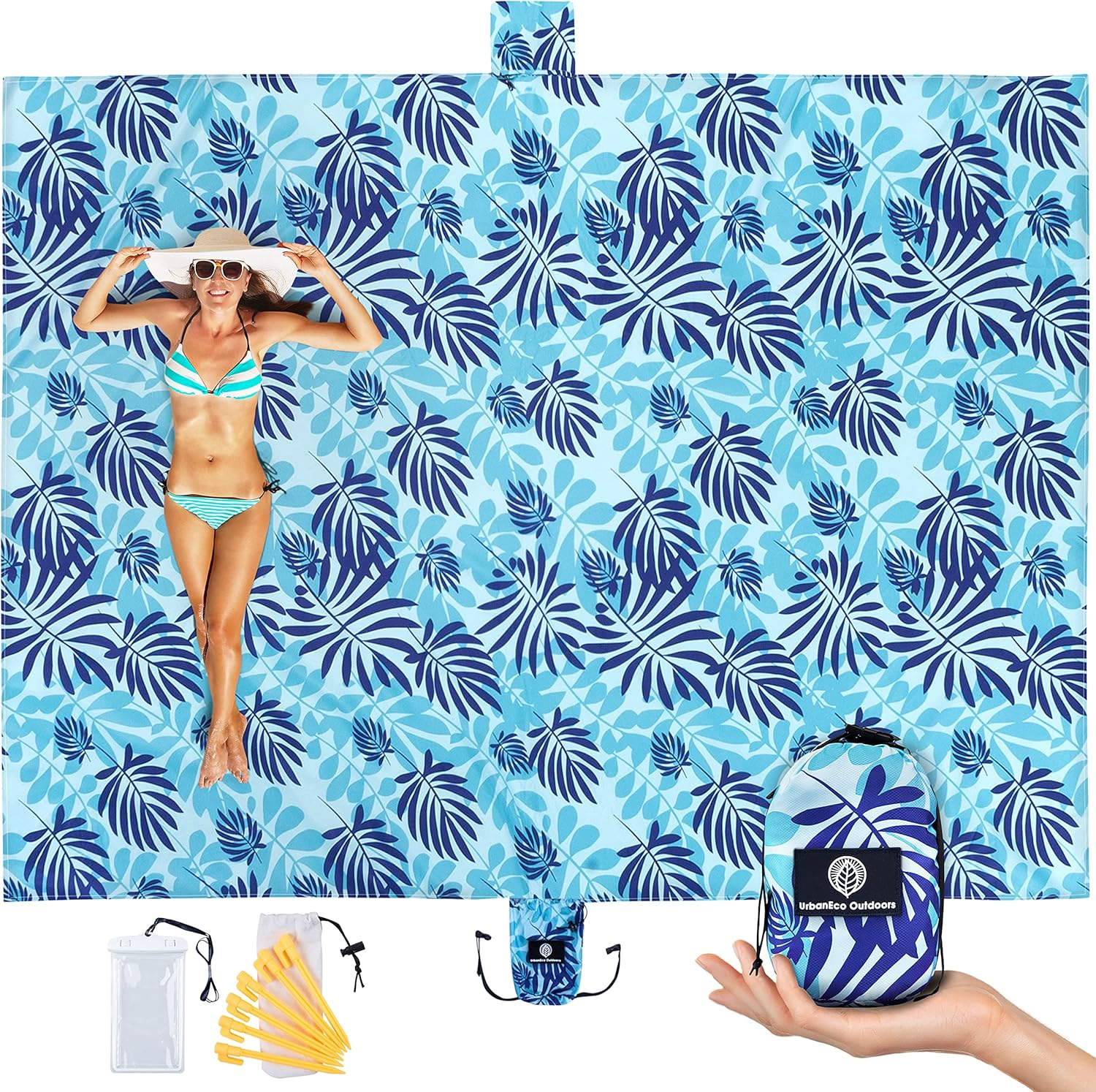 Beach Blanket Sand Free - Oversized 107" X 77" - Waterproof Sandproof - Double Anchored Picnic Blankets, Extra Large Beach Mat, 6 Stakes in Accessories Pouch, Picnic Mat&hellip; image number 2