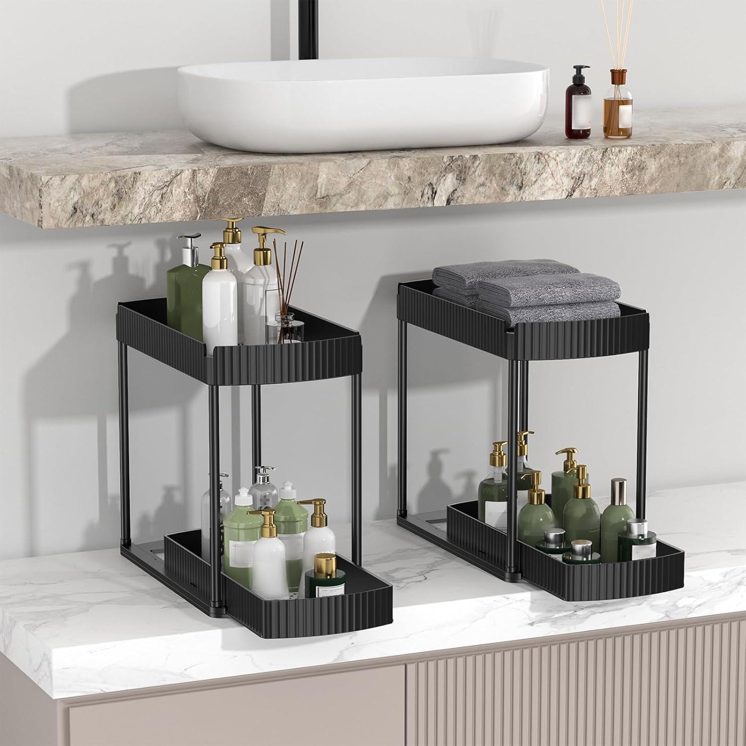 Under Sink Organizer Storage 2 Packs, 2-Tier Shelf with 4 Hanging Hooks, under Slid Cabinet Basket Rack for Bathroom Kitchen