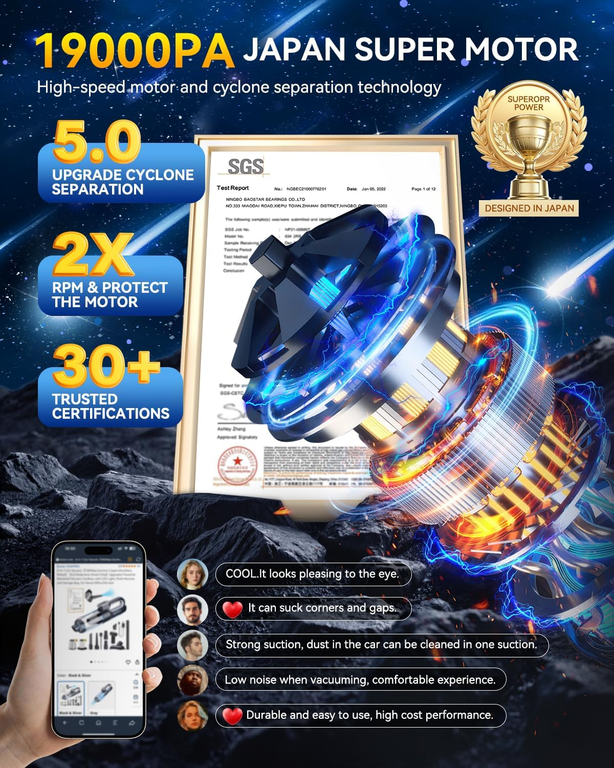 11-In-1 Car Vacuum Clearner【19000Pa Suction | Japan Brushless Motor】【Sgs-Certified Smart Chip】 Powerful Handheld Vacuum Cordless, with LED Light, Multi-Nozzles and Storage Bag image number 6