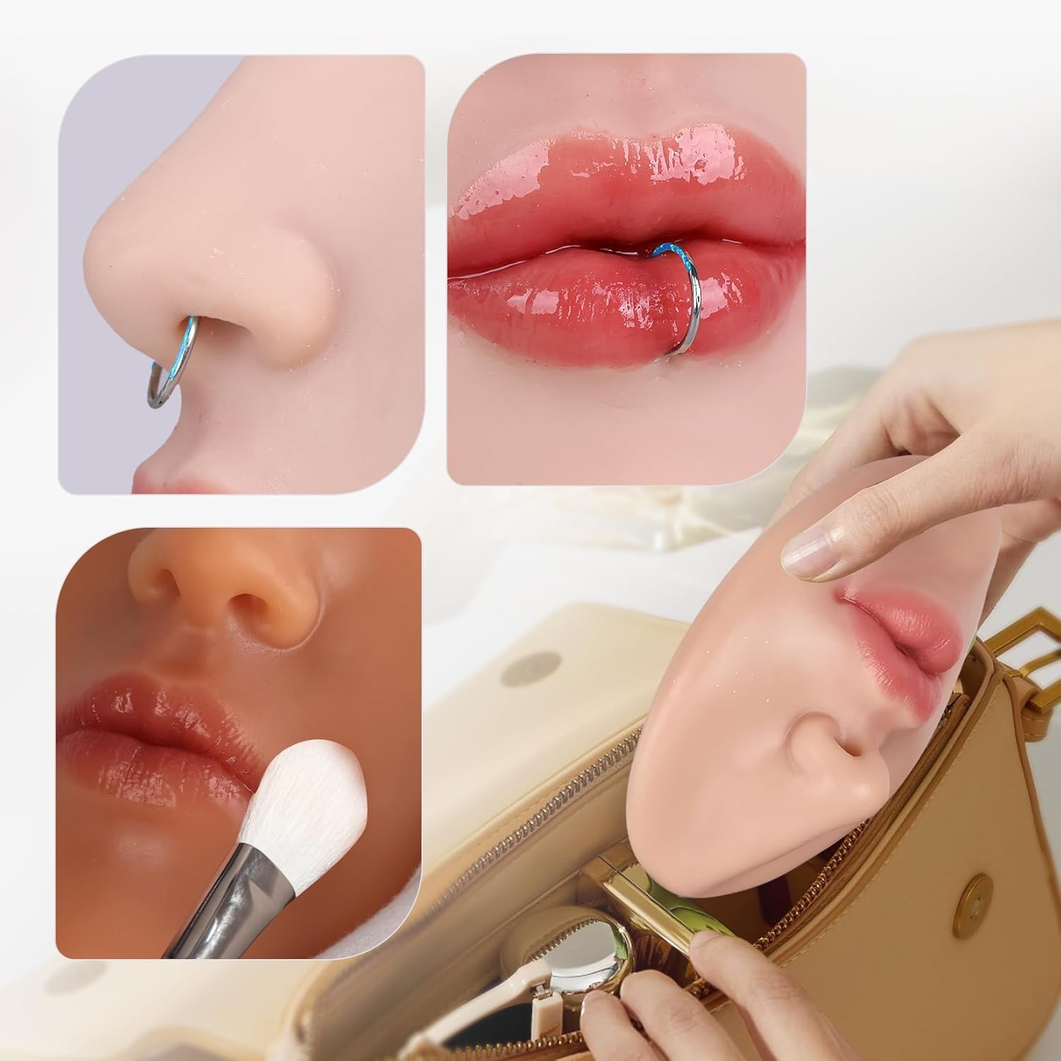 Vnmcry Silicone Nose Mouth Model Soft Flexible Piercing Practice Body Parts Silicone Lips Realistic Face Piercing Model Display (1 Pcs, Ivory, M-Thin Lip) image number 3