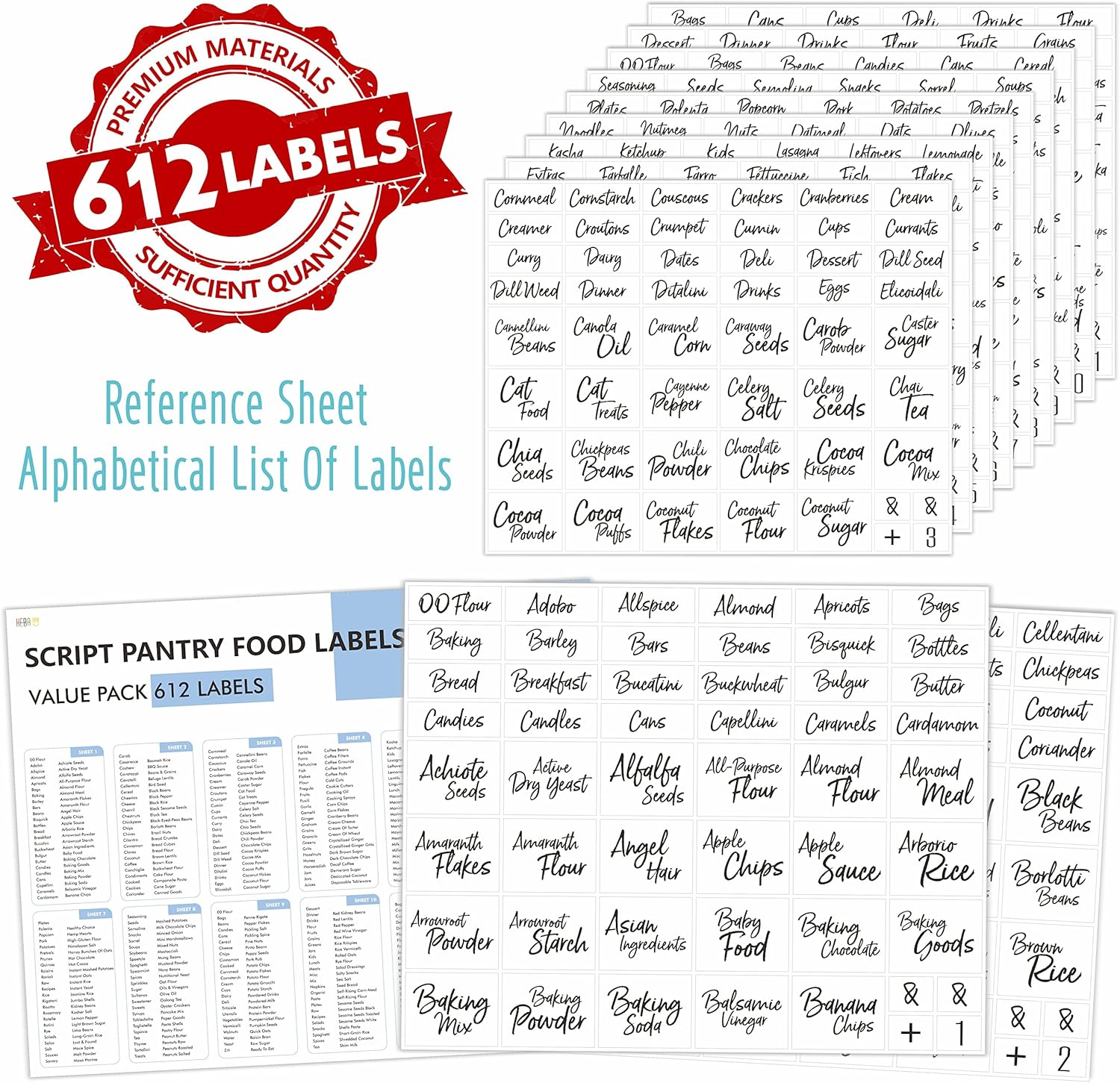 Hebayy 612 Script Pantry Food Labels, Water & Oil Resistant Pantry Label Stickers Food Jar Label for Organization and Storage - Style 1 image number 2