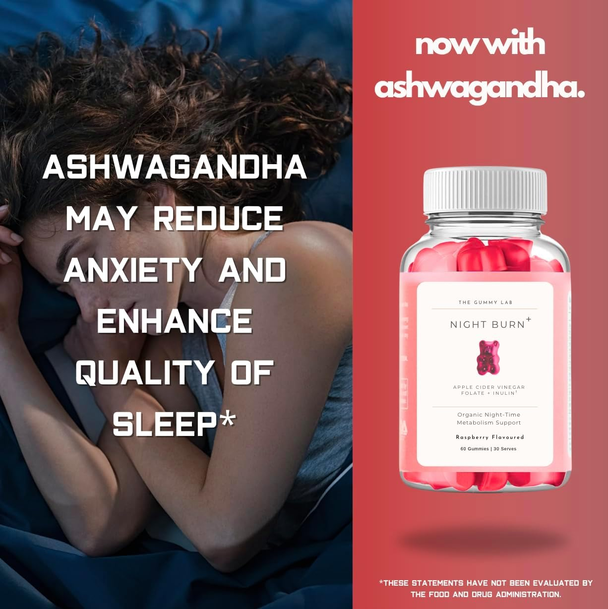 Sleep Support & Metabolism Gummies with Ashwagandha - ACV, B12, Folate - Supports Restful Sleep & Overnight Metabolism - Non-Gmo, Gluten-Free, 60 Count - Raspberry Flavor image number 3