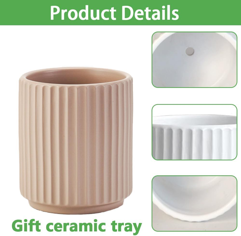2-Pack Ribbed Ceramic Planter, Minimalist Clay Flower Pot, Indoor Plant Pan, Lightweight & Durable, Ideal for Succulents & Herbs image number 3