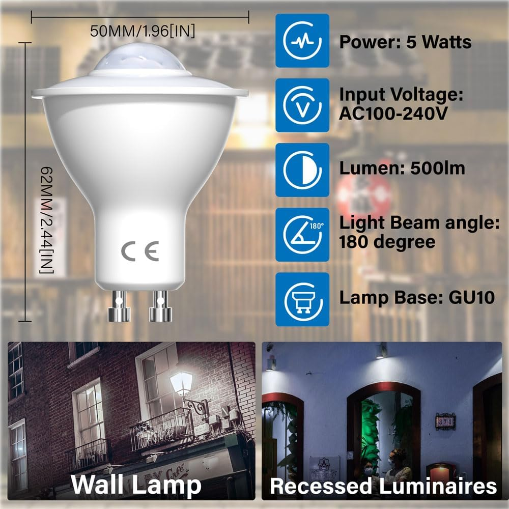 Doright LED Motion Sensor Light Bulbs GU10 PIR Security Detection Spotlight 5W Cool White 6000K 500Lm Auto On/Off LED Security Light Bulb for Stairs, Garage, Corridor, Walkway, Yard, Hallway image number 5