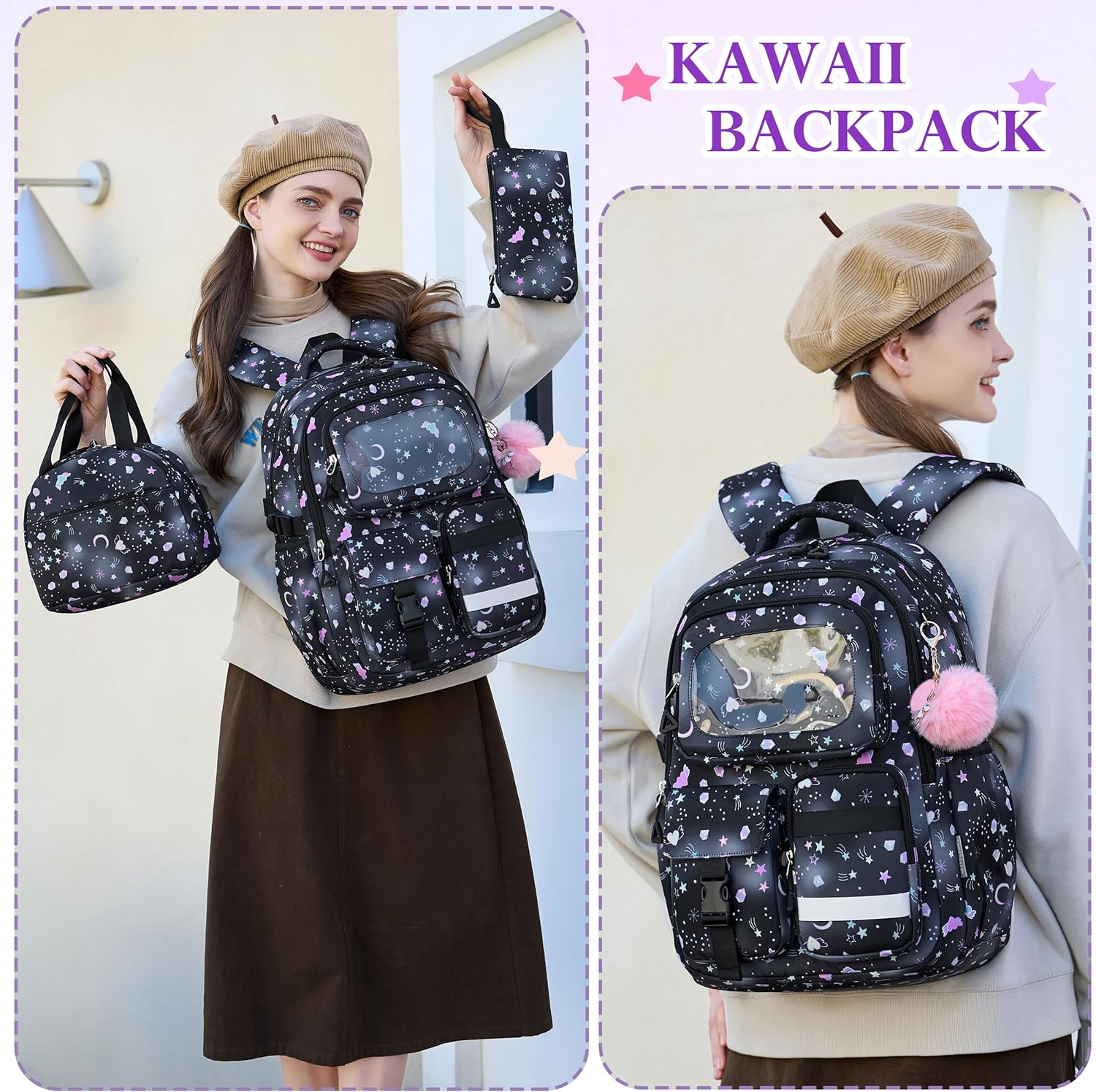 AO ALI VICTORY Backpack for Girls with Lunch Bag Kids School Bags for Elementary Middle School Students Cute Bookbag Set - Black Set image number 2