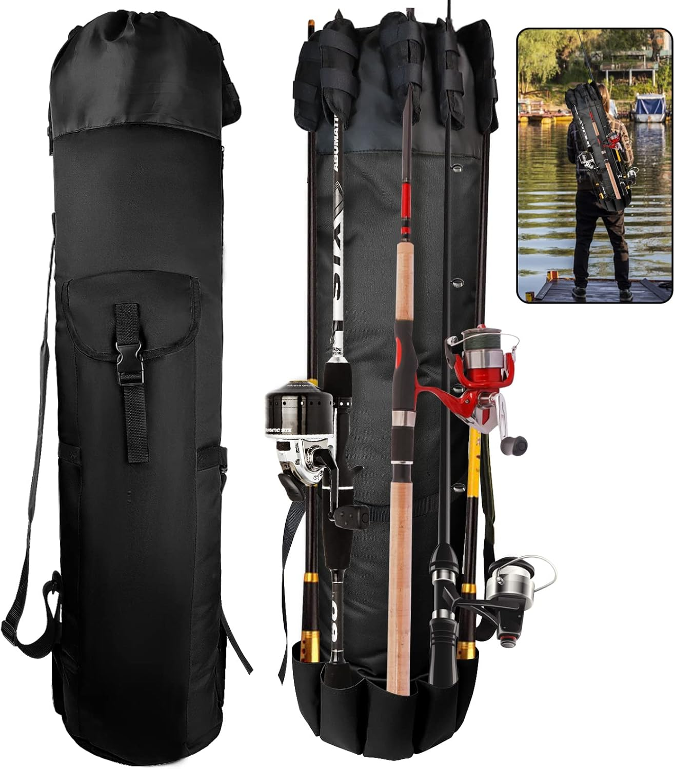 FOUUAAOOU Fishing Rod Bag, Fish Pole Case with Durable Folding Oxford Fabric, Portable Gear for Men Gifts (Black)