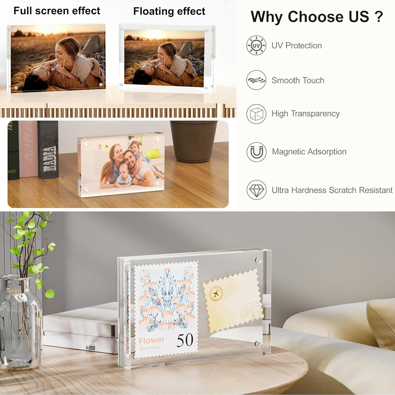 3 Pack Picture Frames, 4X6 Inch Acrylic Frame, Self Standing Block Display Photo Frame, Horizontal Magnet Double Sided Picture Frame, Thick Desktop Frameless Magnetic Photo Frame (10X15Cm, 10+10MM) image number 6