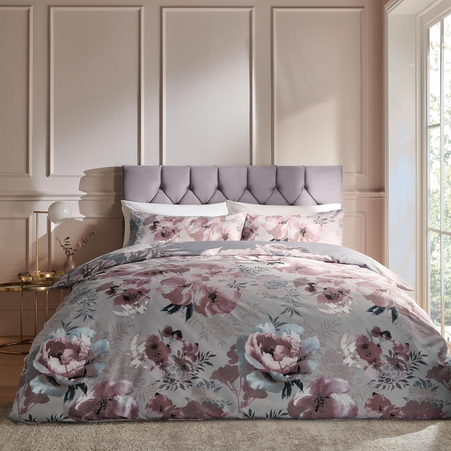 Catherine Lansfield Dramatic Floral Reversible Double Duvet Cover Set with Pillowcases Grey image number 1