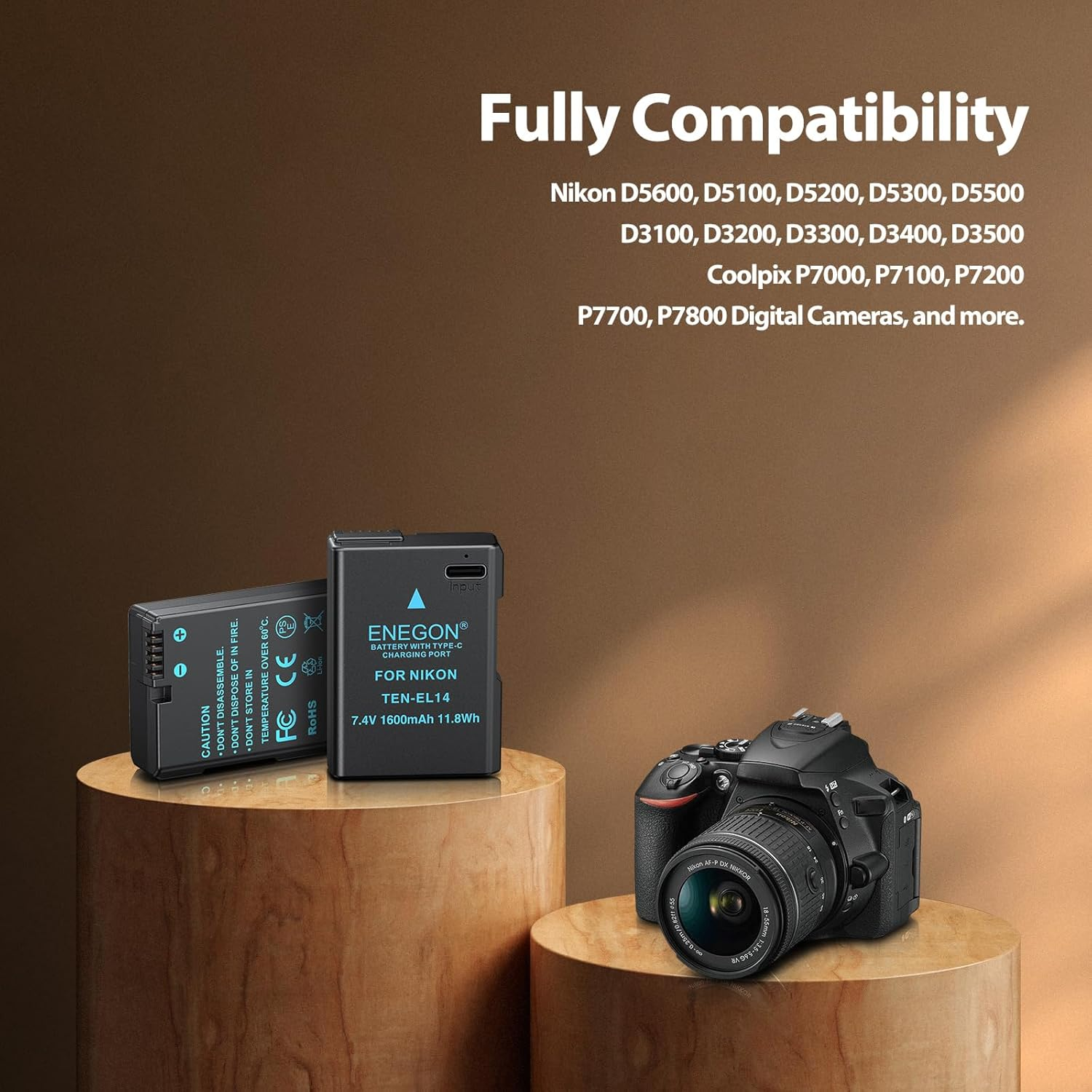 ENEGON EN-EL14 USB-C Direct Charge Replacement Batteries 1600Mah (2 Pack) for Nikon Battery En-El14/En-El14A, Compatible with Nikon D5300, D5600, D5100, D5200, D3100, D3200, D3300, D3400, D3500 image number 2