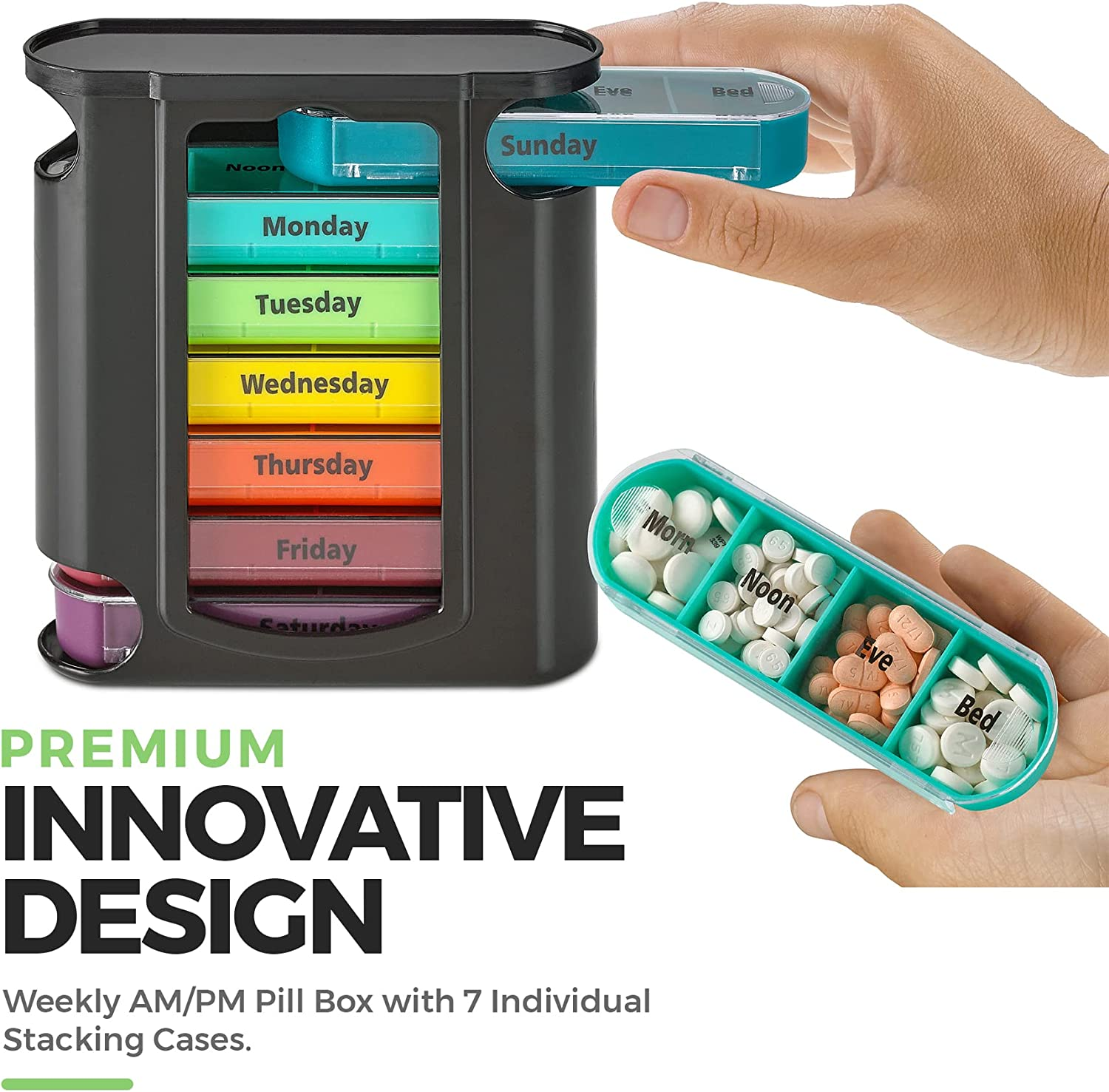 Stackable Daily Pill Organizer - (4 Times a Day) Weekly Medication Reminder - Premium Weekly AM/PM Pill Box with 7 Individual Stacking Cases, a Everyday Medicine Organizer for Vitamins image number 2