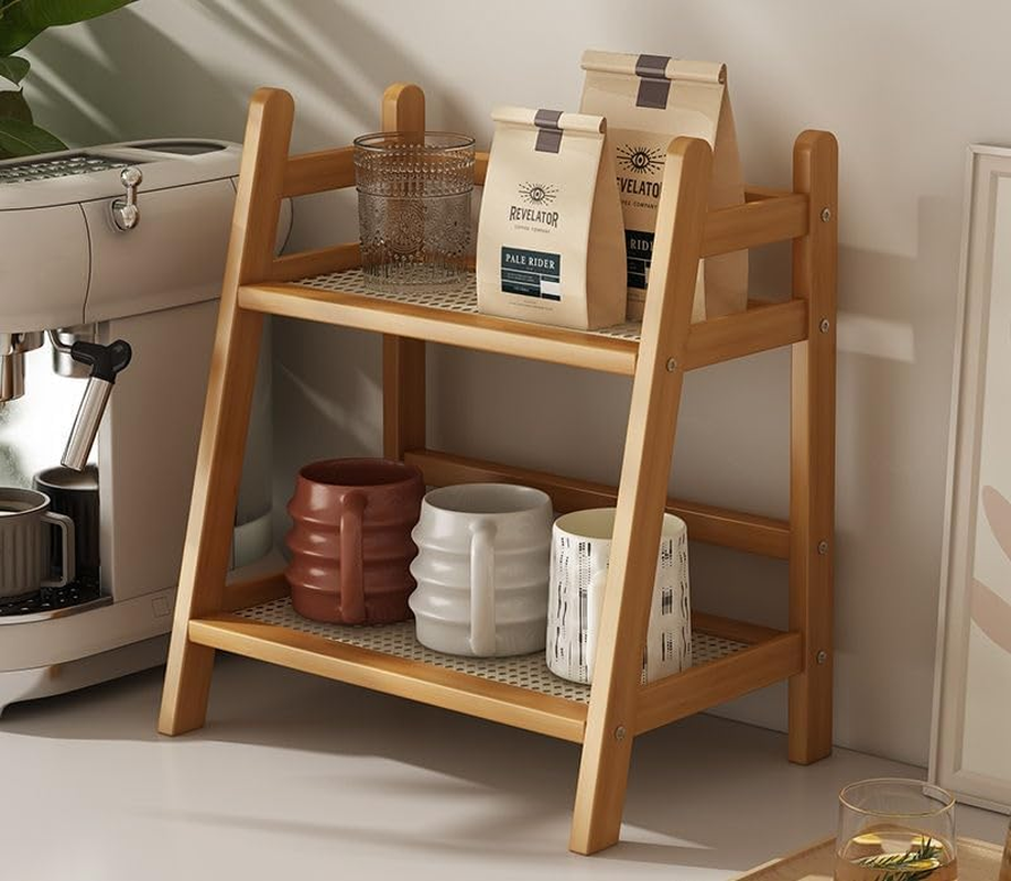 Wicker Look Coffee Station Organizer, Bamboo Mug Holder Countertop, Kitchen Counter Shelf for Tea Coffee Bar Accessories, Matcha Stand, Cup Display, Condiment Storage Rack, 2 Tier