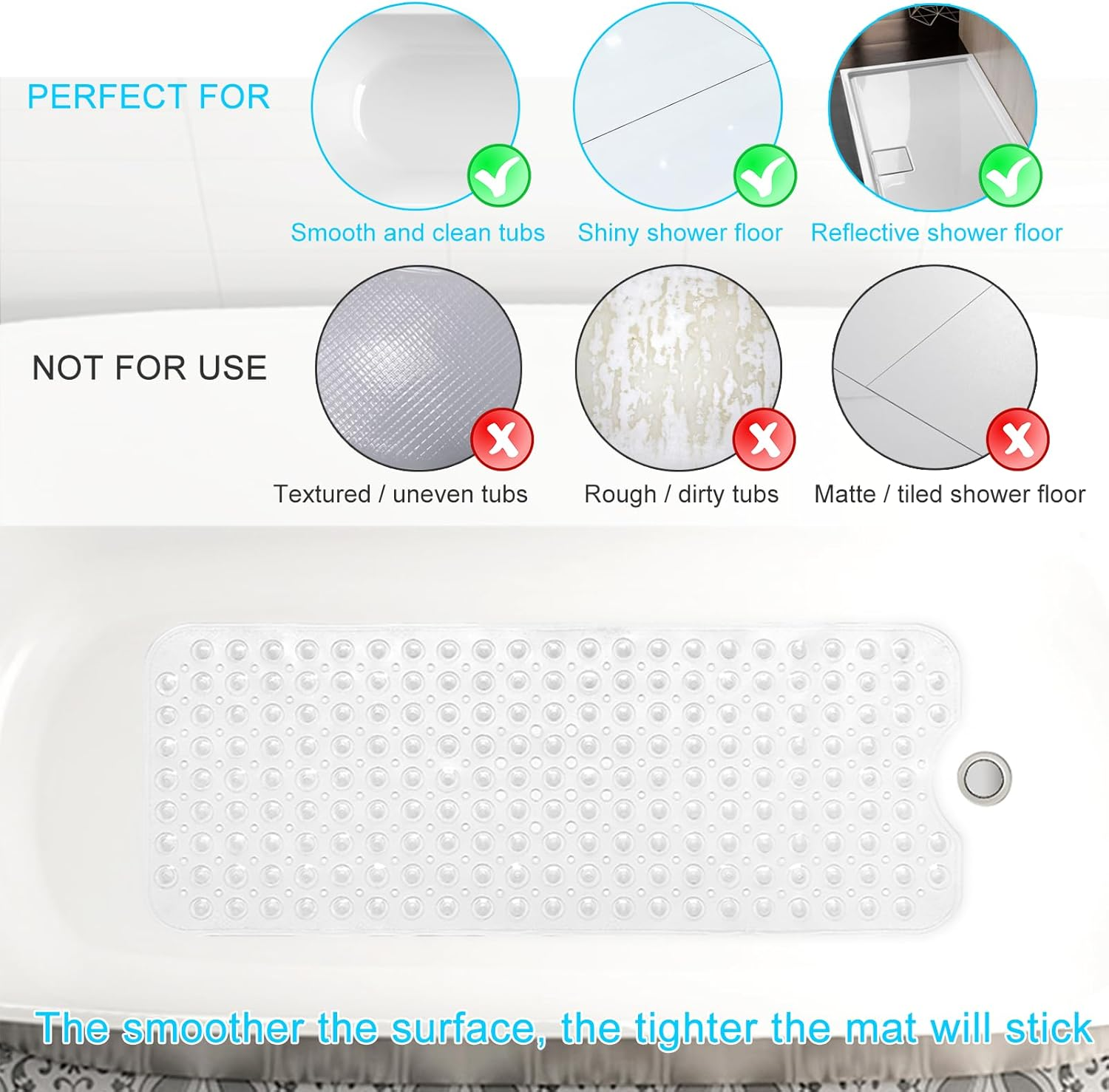 Upgrade Baby Bath Mat Non Slip Extra Long Bathtub Mat for Kids 40 X 16 Inch - Eco Friendly Bath Tub Mat with 200 Big Suction Cups,Machine Washable Shower Mat,Clear image number 5