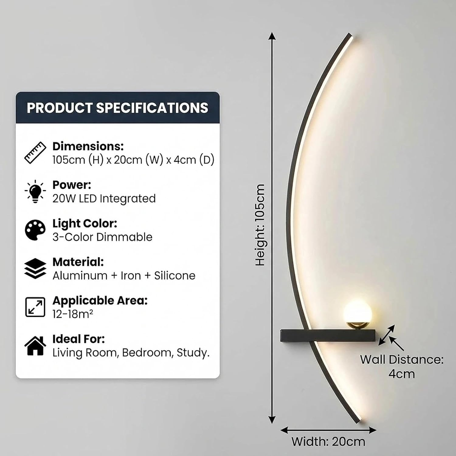 Modern Black Wall Sconces - 21.6" LED Linear Wall Lights for Bedroom & Living Room, 3-Color Dimmable Curved Art Decor Sconce Lamp for Hallway, Stairs & Vanity (Hardwired)(Black Left,105Cm) image number 7