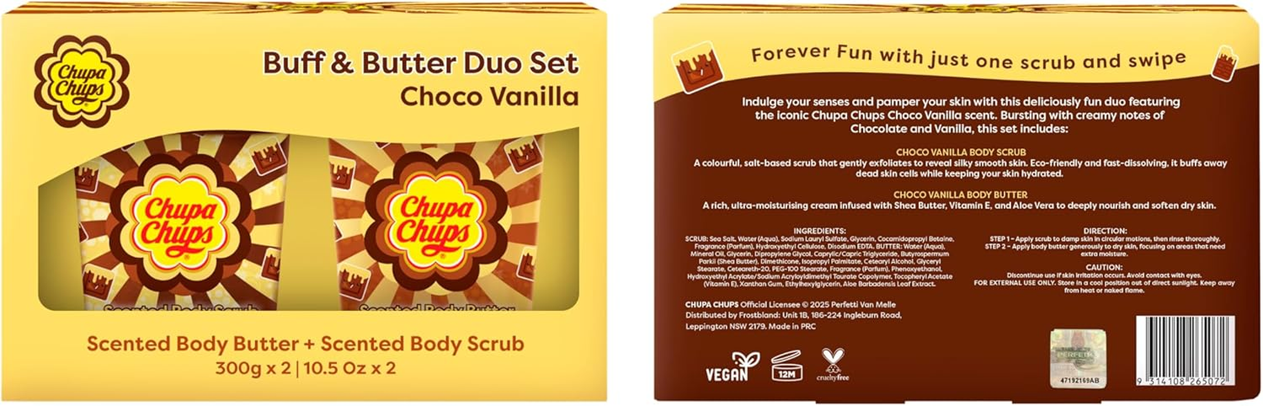 Chupa Chups Choco Vanilla Buff and Butter Duo Gift Set (Chocolate and Vanilla Body Scrub and Butter)