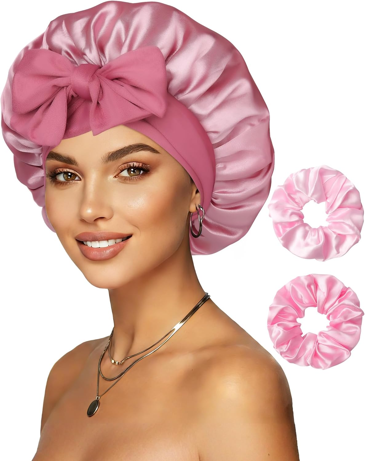 Reversible Satin Bonnet for Sleeping Women Double Layer Hair Bonnet with 2PCS Hair Scrunchies Elastic Tie Band Night Cap, Apricot Powder+Champagne