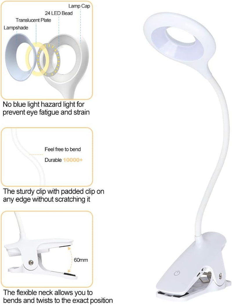 Clip-On Reading Light for Bed - Amber Book Light at Night Rechargeable 5 Brightness Desk Light Clamp Lamp, Touch Control Dimmable Lamp with Flexible Neck, Gentle Night Light (White) image number 6