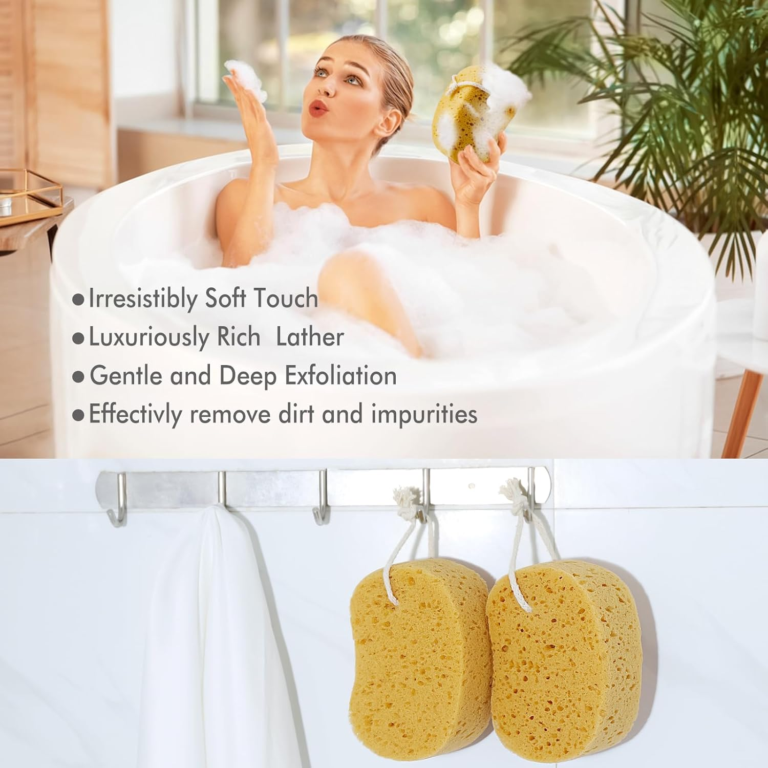 Sponges Shower, Exfoliating Bath Sponges for Adults, 2Pcs Body Scrub Sponge Dense Foam for Gentle & Deep Cleansing, Ultra-Soft for Sensitive Dry Skin