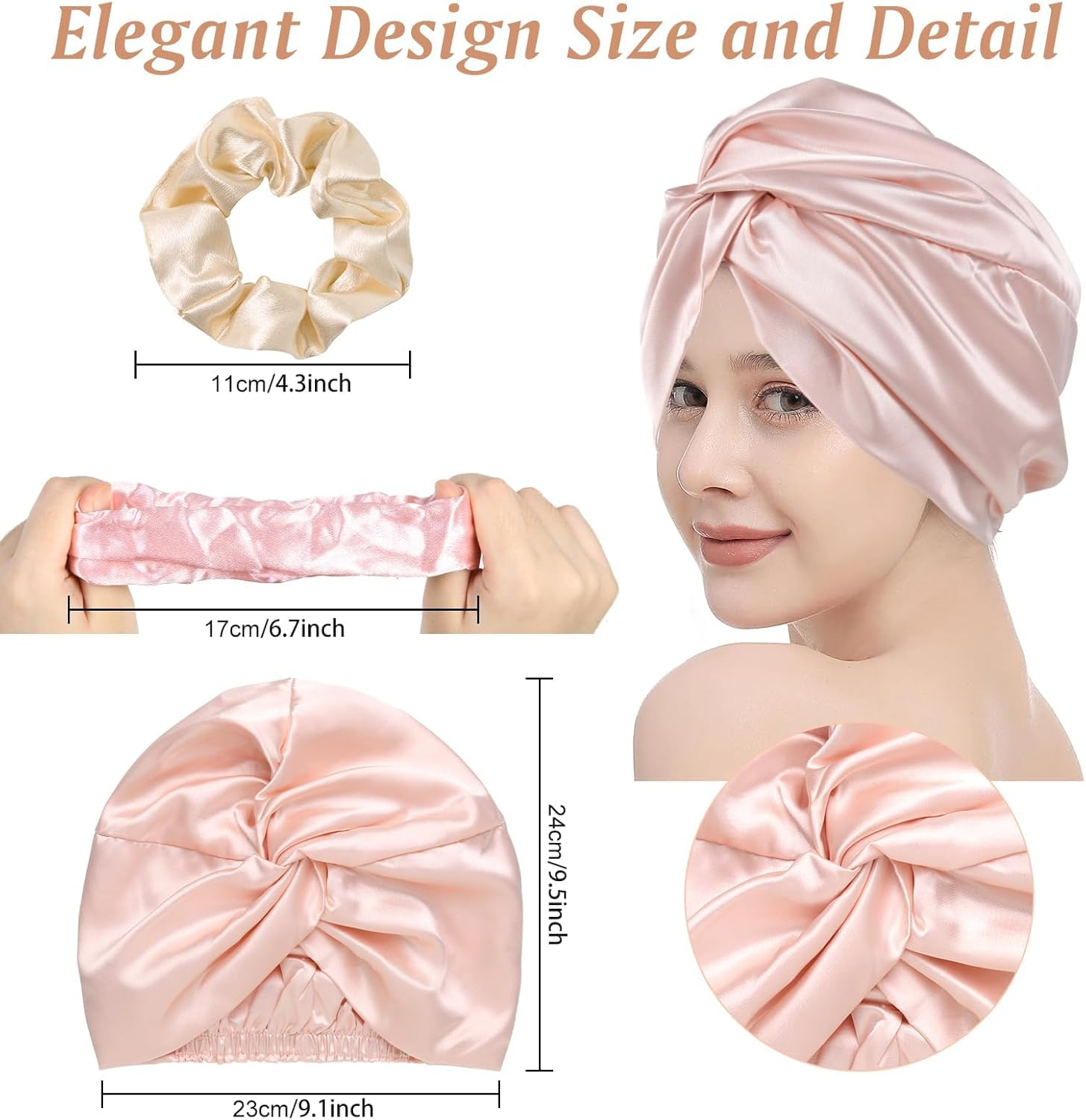 YBVABE Satin Bonnet and Scrunchies Set - Multipurpose Hair Cap and Shower Cap - 6Pack Silk Satin Accessories for Hair Protection and Style Preservation - Haircare Accessories for Women (Rose Gold & Purple) - Rose Gold  Champagne Gold image number 6