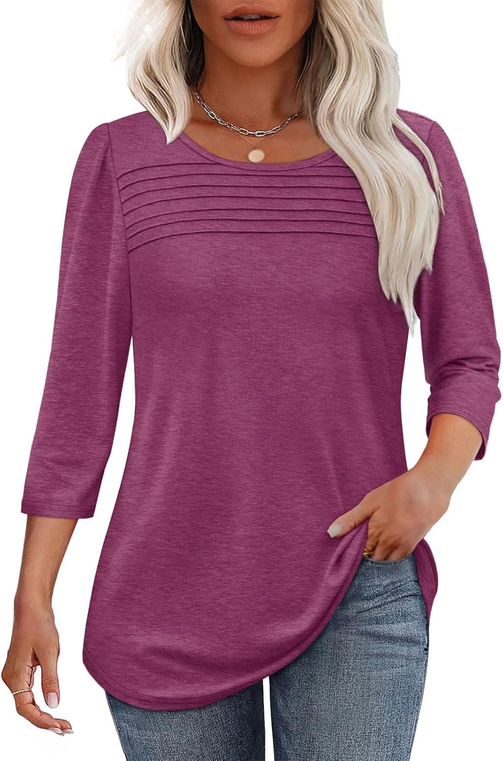 2025 Women'S 3/4 Length Sleeve Top Pleated Front T-Shirt, Curved Hem Casual Shirt for Work & Weekend,Dressy Casual for Women'S image number 2