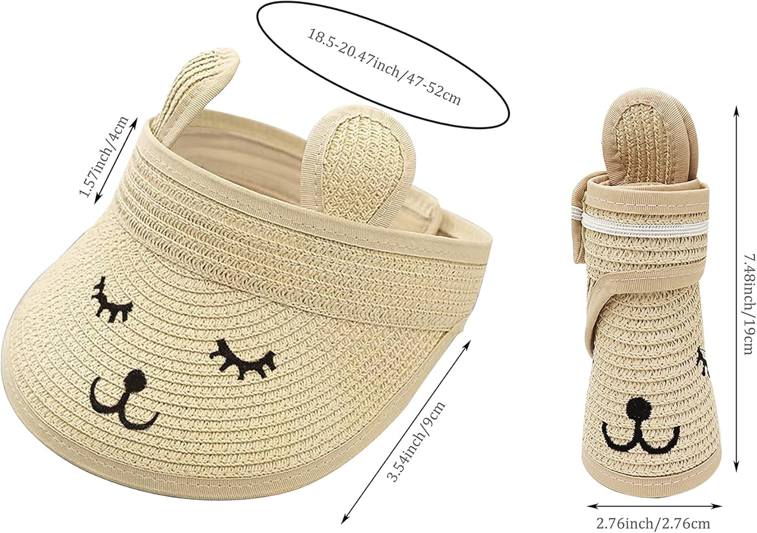 Baby Roll-Up Straw Visor Hat Sun Hat, Kid Toddler Wide Brim Cute Bunny Ponytail Summer Beach Sun Hat Adjustable for 1-4 Years