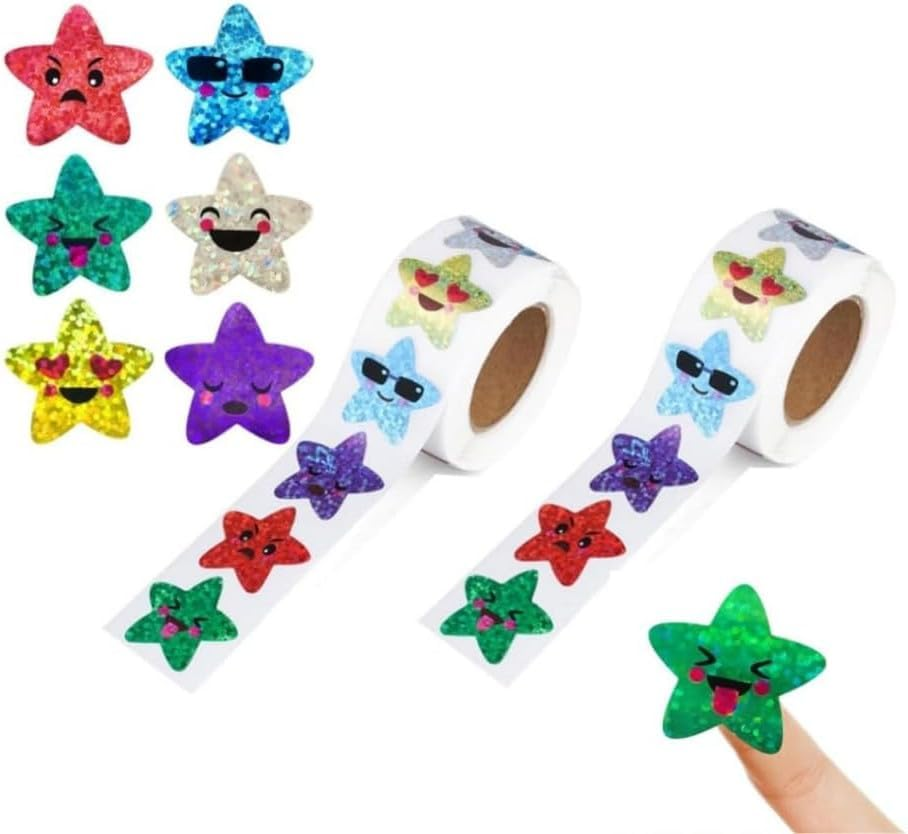 2Roll Smiling Star Stickers Sparkly Foil Small Star Stickers Roll,Smiling Star Stickers Sparkly Foil Stickers Roll,Small Incentive Sticker Self Adhesive Glitter Star Sticker Sparkly Star Sticker Roll image number 3