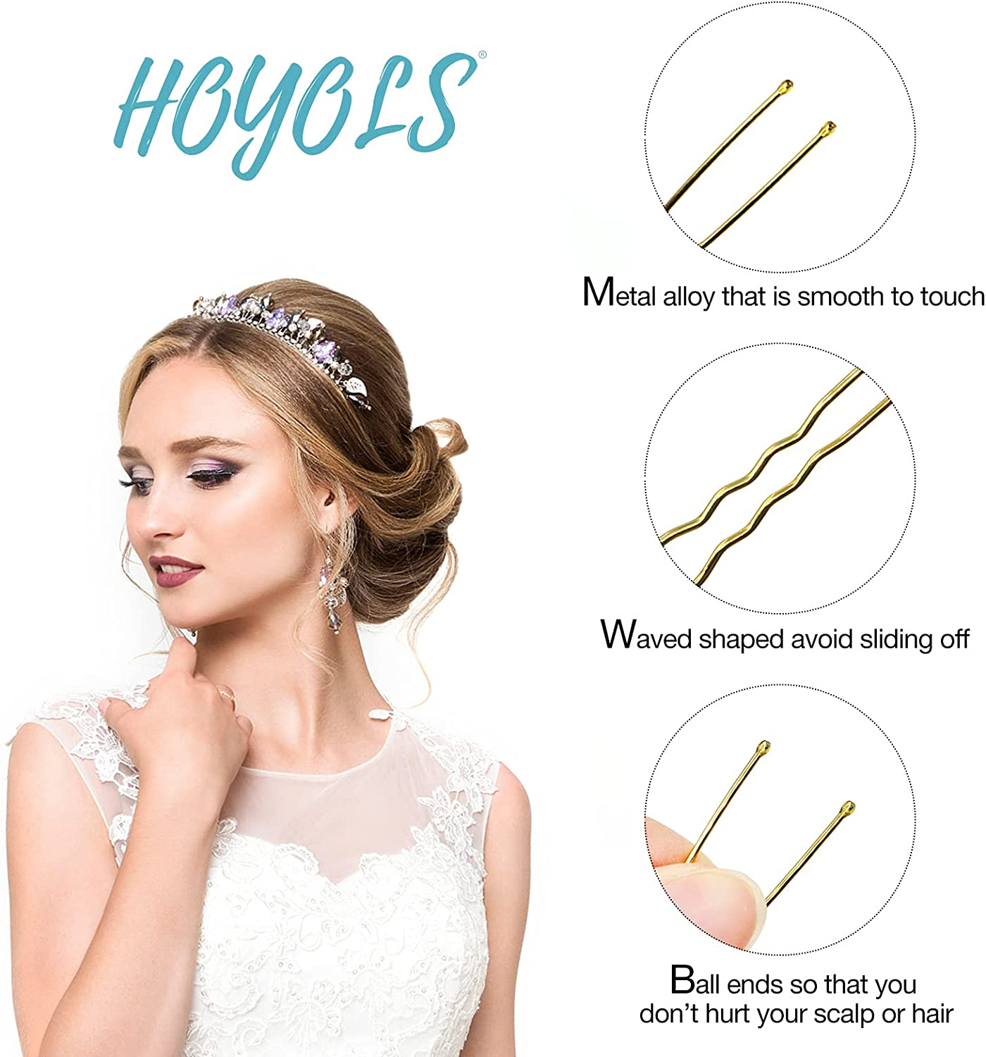 Hoyols U Shaped Hair Pins Blonde, Assorted Size U Shape Bobby Pins, Metal Curved Curly Bun Clips Hairpin Crimped Design with Ball Tips for Buns Women Girls Grips Hairstyle Updo Thin Thick Hair Gold, 150 Count Bulk Pack (Blonde) image number 6