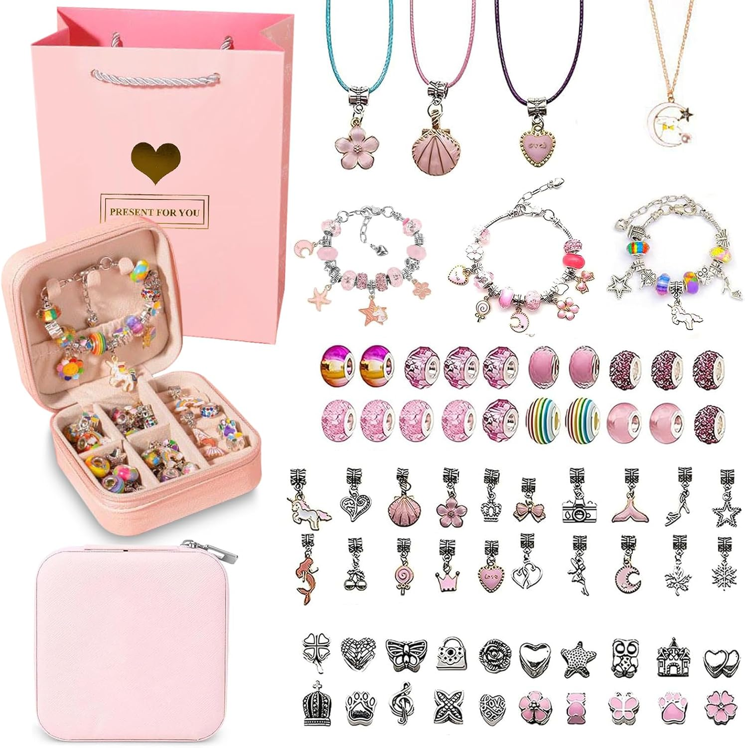 Charm Bracelet Making Kit for Girls, 68Pcs Charm Bracelets Kit with Jewelry Box, Jewelry Charms, Bracelets for DIY Craft, Jewelry Gift Adults and Kids, Present for 8-12 Year Old Girl Colorful (Pink)
