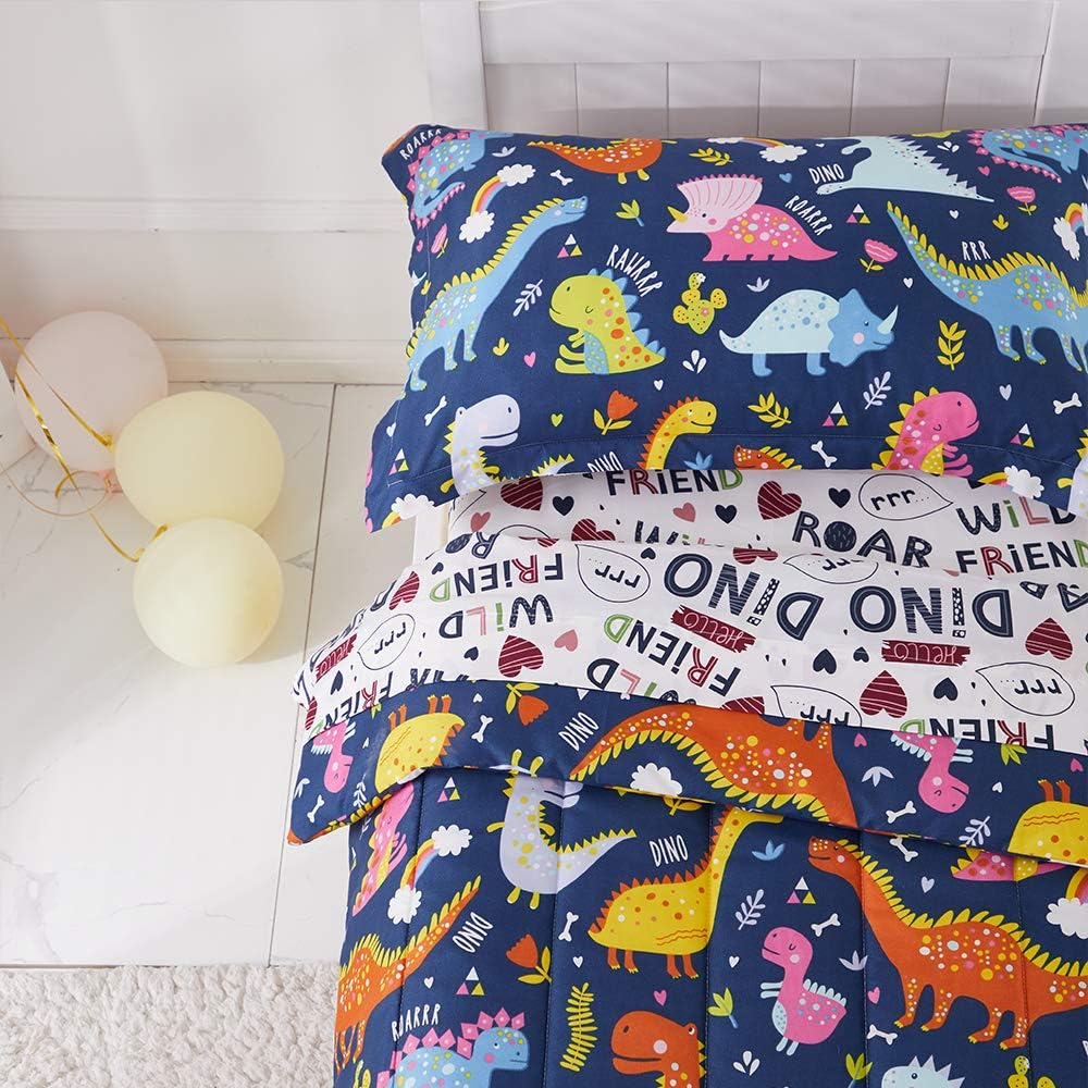 Joyreap 4 Piece Toddler Bedding Set, Standard Size Colorful Dinosaur Printed on Navy, Includes Quilted Comforter, Fitted Sheet, Top Sheet, and Pillow Case for Boys N Girls - Navy-Dinosaur image number 6