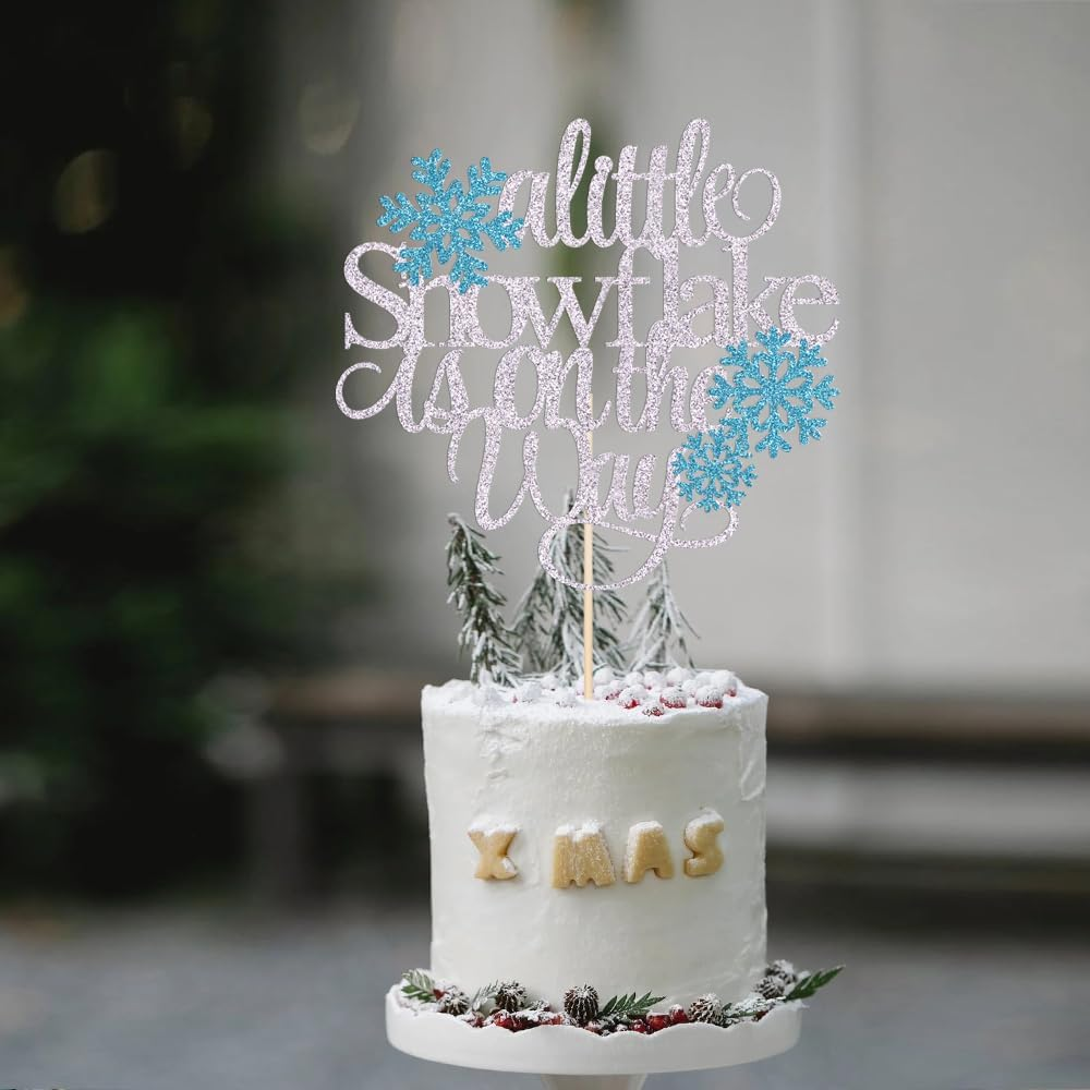 A Little Snowflake Is on the Way Cake Topper, Winter Wonderland Baby Shower Cake Decor,Snowflake Birthday Cake Toppers, Gender Reveal/Boy Girl Winter Birthday Party Decoration Supplies