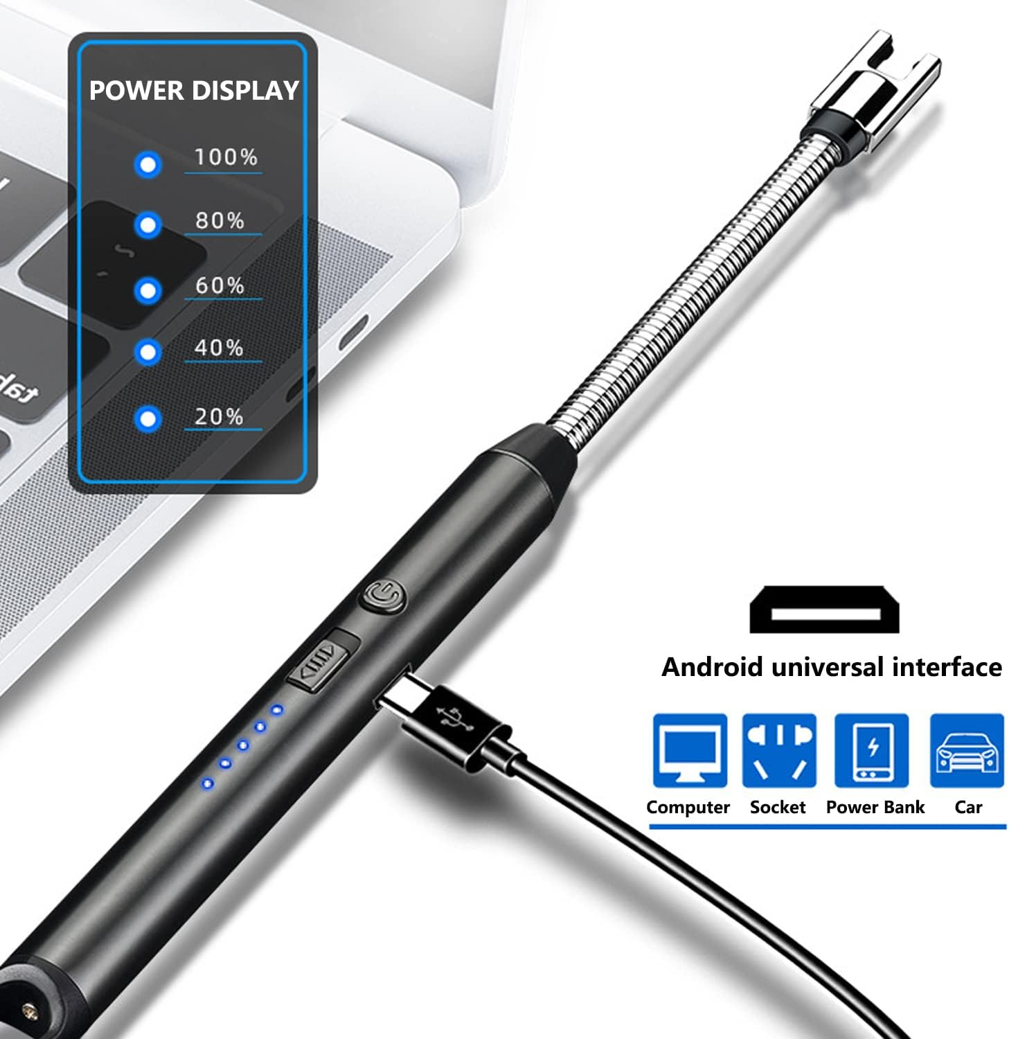 Candle Lighter, Electric Lighter Rechargeable Flameless Long Lighter with Battery Indicator Windproof 360&deg;Flexible Arc Lighters for Candle Grill Kitchen Gadgets Stove Fireplace BBQ Camping, Safe Lock image number 4