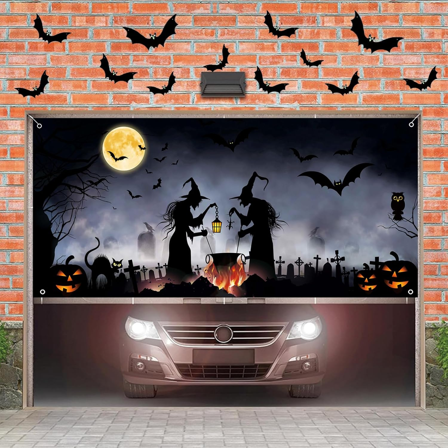 Kovewon Halloween Garage Door Decorations Cover 7 X 16 Ft Halloween Garage Door Banner Halloween Backdrop Background for Photo Party Halloween Wall Decorations Indoor Outdoor image number 3