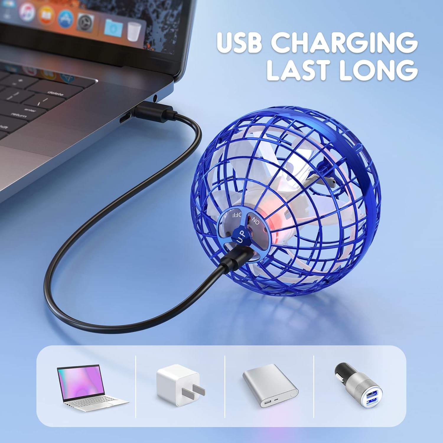 Tomzon Flying Ball Toys, Hover Ball Flying Orb Toy Hand Controlled Boomerang Flying Spinner, Magic Globe Shape Mini Drone with 360&deg; Rotating RGB Lights , Gifts for Kids Adults Outdoor Indoor (Blue) image number 1