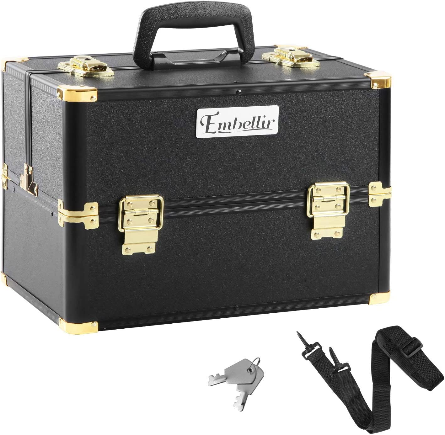 Embellir Makeup Case, Aluminium Lockable Beauty Cases Suitcase Make up Large Organisers Storage Portable Toiletry Cosmetic Box Travel Indoor Outdoor, with 4 Trays Shoulder Strap 8 Dividers Pink