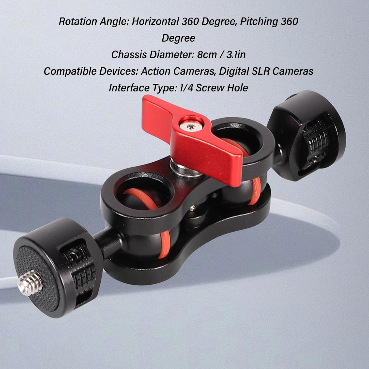 Suction Cup Camera Car Mount, Camera Suction Mount with Dual Ball Articulating Arm, 1/4 Screw Hole, 360&deg; Horizontal Adjustment and Rotation, for Action Cameras, Digital SLR Cameras