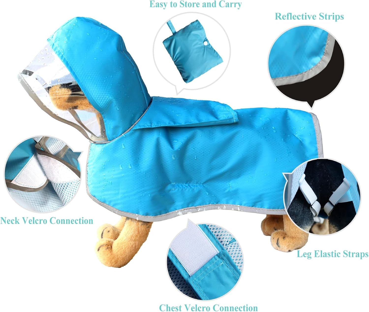Olsdeeool Adjustable Waterproof Dog Raincoat with Reflective Strip, Lightweight Hooded Pet Rain Jacket with Portable Storage Pocket and Leash Hole (Blue,S) image number 6